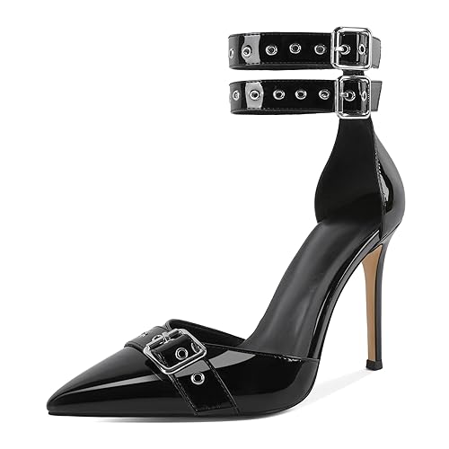 SAMMITOP Womens Pointed Toe D'Orsay Pumps Stilettos High Heel Ankle Strap Buckle Metal Eyelet Wedding Party Dress Shoes 4 Inch - 9 - Patent Black