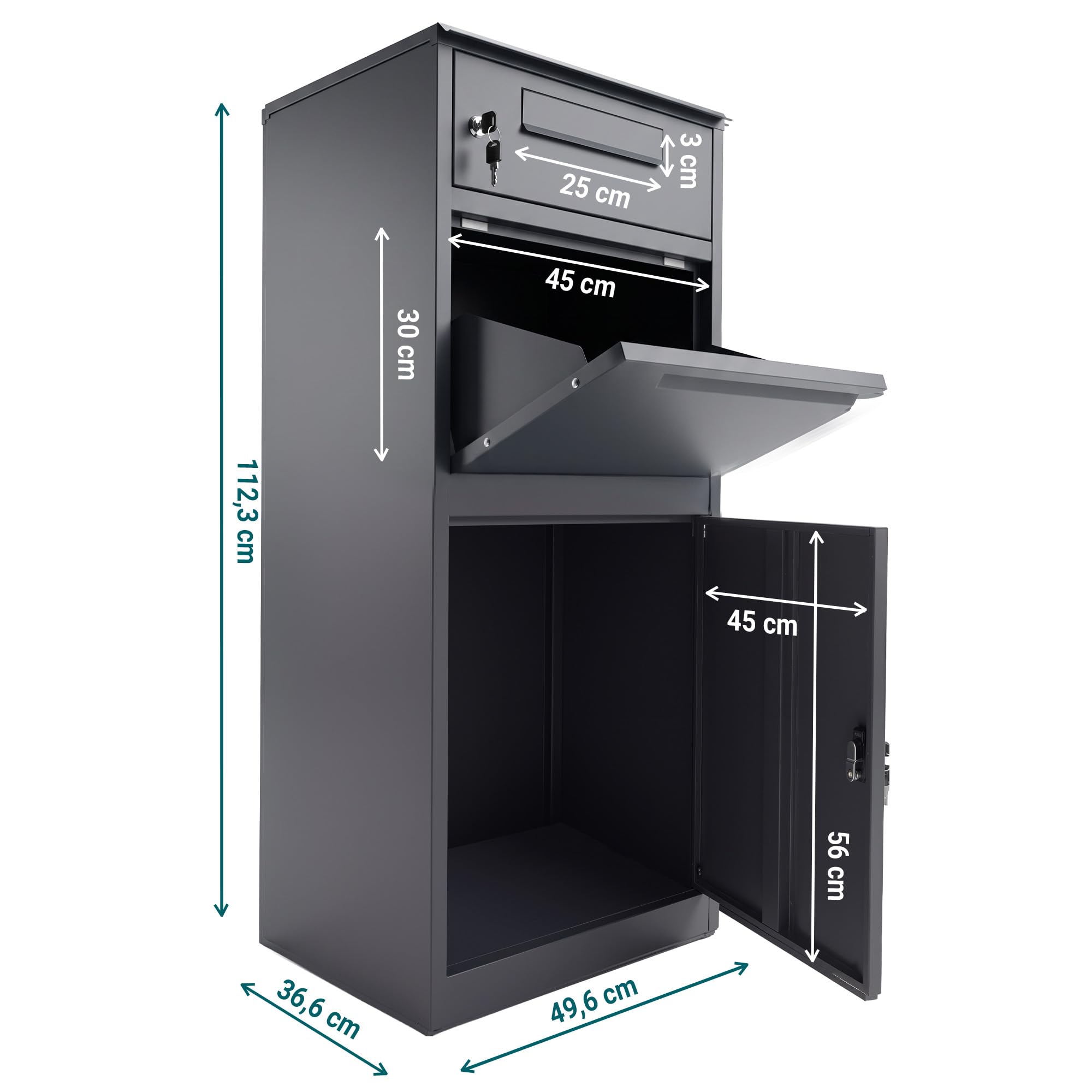 Sillar Cassetta Postale per Pacchi Antracite (112,3 × 49,6 × 36,6 cm) – Cassetta Lettere e Pacchi da Esterno in Acciaio, con Chiavi di Sicurezza, Grande Capacità, Porta Frontale, Design Moderno