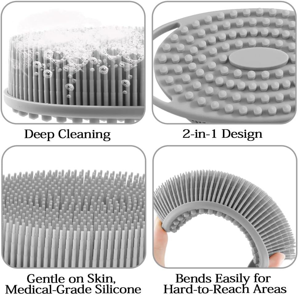 2 Pack Silicone Body Scrubber with Loofah Exfoliating Soft Body Shower Scrubber for Body, 2 in 1 Bath and Shampoo Wash Brush for Skin Exfoliation Men Women (Grey&Blue) - Image 3
