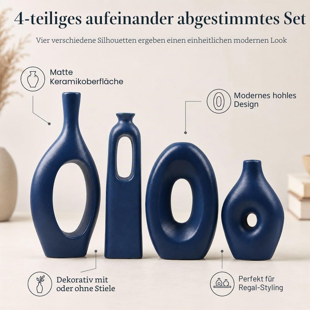 Blaue Keramikvase, 4er-Set – runde, Hohle Boho-Vasen für Pampasgras- und Blumendekoration, Moderne, minimalistische kleine Vasen für Wohnzimmer, Schlafzimmer, Kamin und Tafelaufsätze