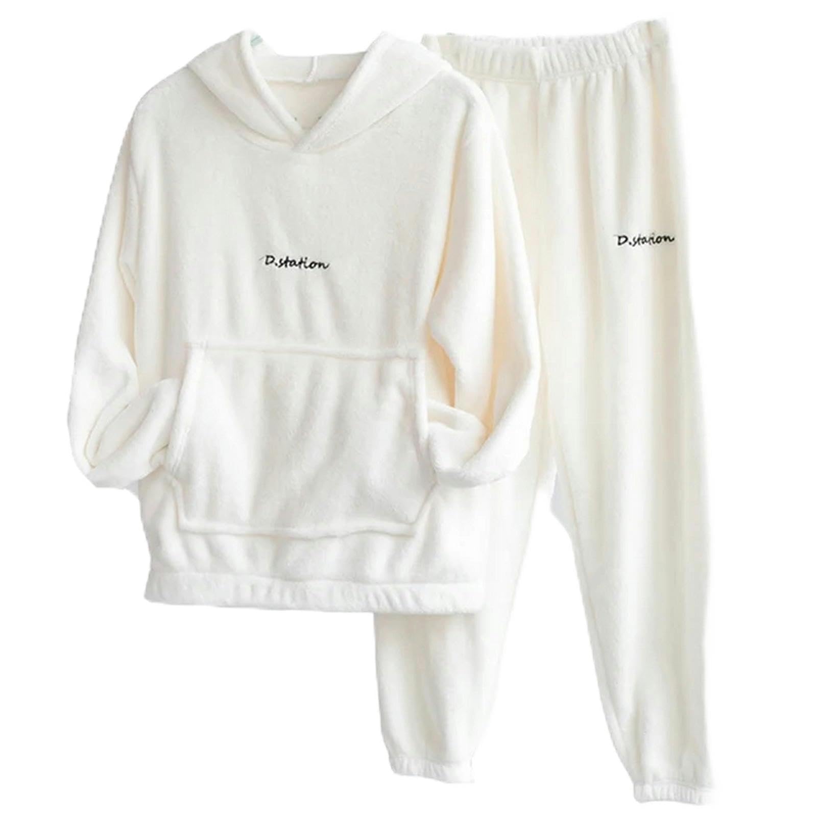 Pigiama Donna Set di Pigiama in Pila di Corallo per Donne Inverno Caldo Due Pezzi Sleep Abbigliamento A Colori Solidi con Cappuccio