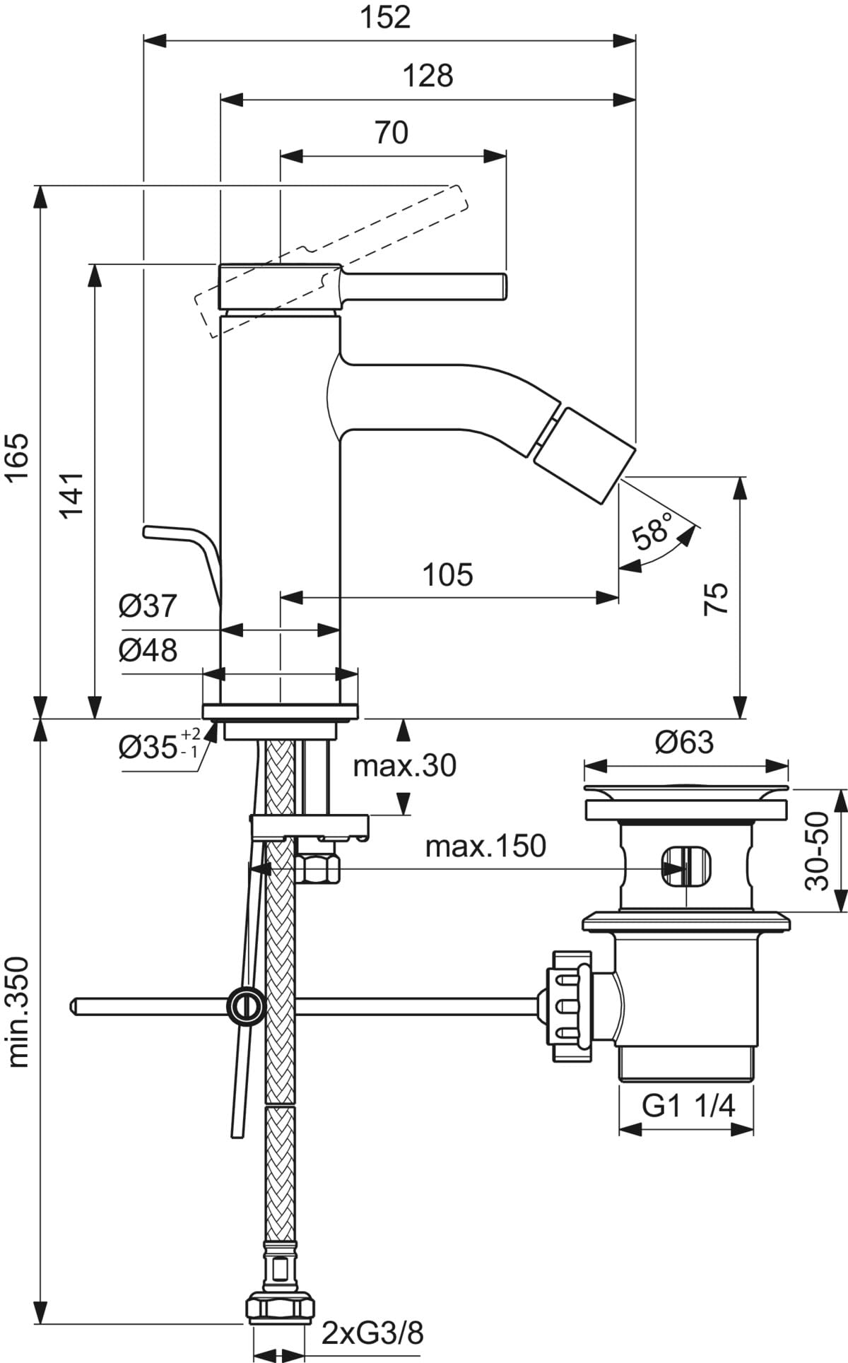 Ideal Standard Ceraline bateria mieszająca bidet bidet z wkładem FirmaFlow z drążkiem sterującym i tuleją Easyfix