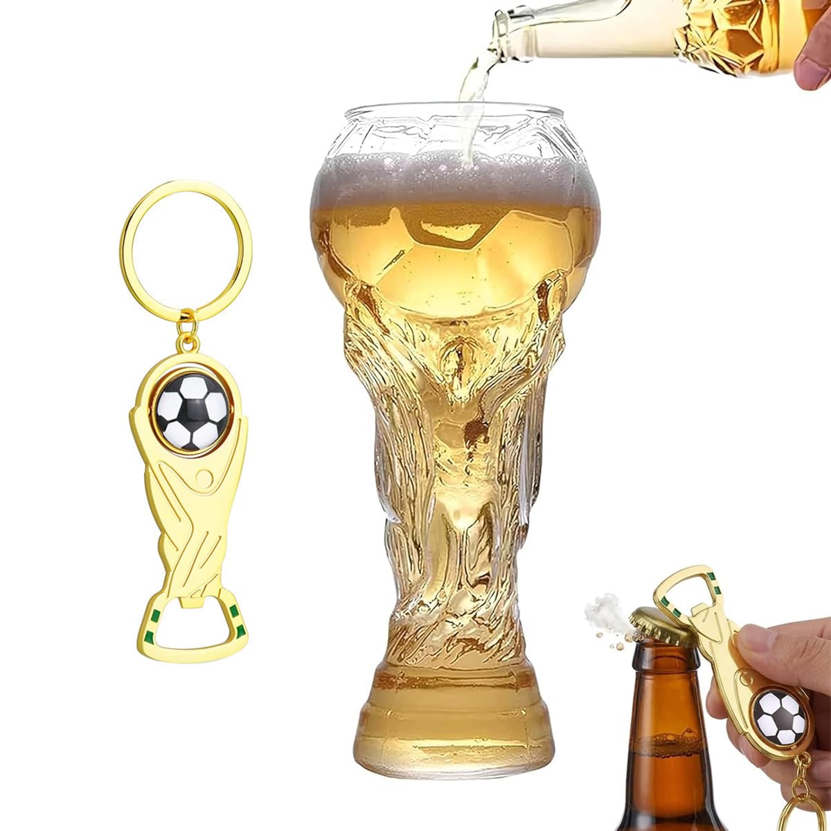 Trophy Style 560ML Beer Glass for 2026 World Cup, Large Beer Mug with Football Bottle Opener for 2026 Football Match Day Bar Watch Party & Gift for Father Men Soccer Fans