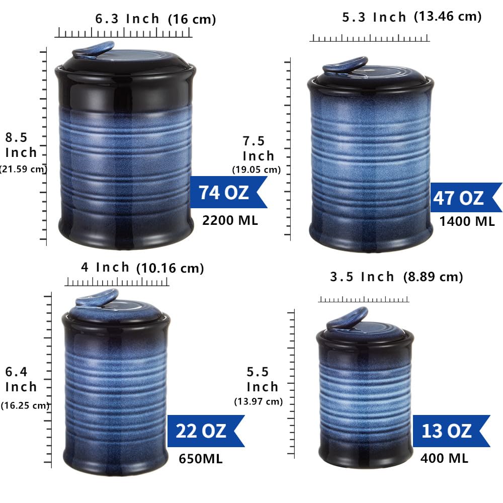 Nihow Lot de 4 bocaux de conservation en céramique avec couvercle hermétique pour farine/sucre/riz/café/biscuits/bonbons – Boîte étanche pour comptoir de cuisine (Bleu et noir)