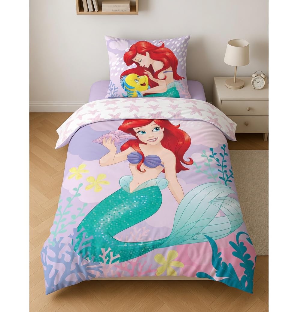 Jerry Fabrics Multicolored Ariel The Little Mermaid Bedding Set, 100% Cotton, Reversible Duvet Cover 140 X 200 Cm + Pillowcase 65 X 65 Cm