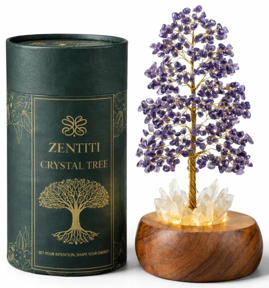 Amethyst Crystal Tree of Life with LED Light Handcrafted Gemstone Bonsai on Quartz Base & Acacia Wood Stand Spiritual Home & Office Dcor Feng Shui Gift for Women