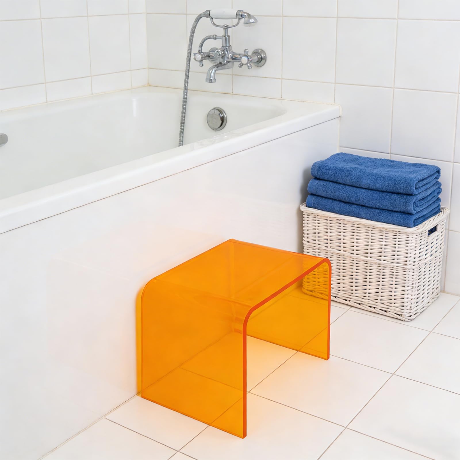 Sgabello in acrilico per doccia, sgabello da bagno, poggiapiedi trasparente, per bambini, adulti, in cucina, bagno (arancione)