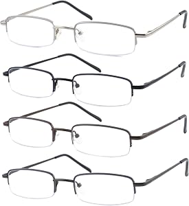4 Pack Reading Glasses Metal Half Frame Readers for Men Women Blue Light Blocking Eyeglsses with Spring Hinges