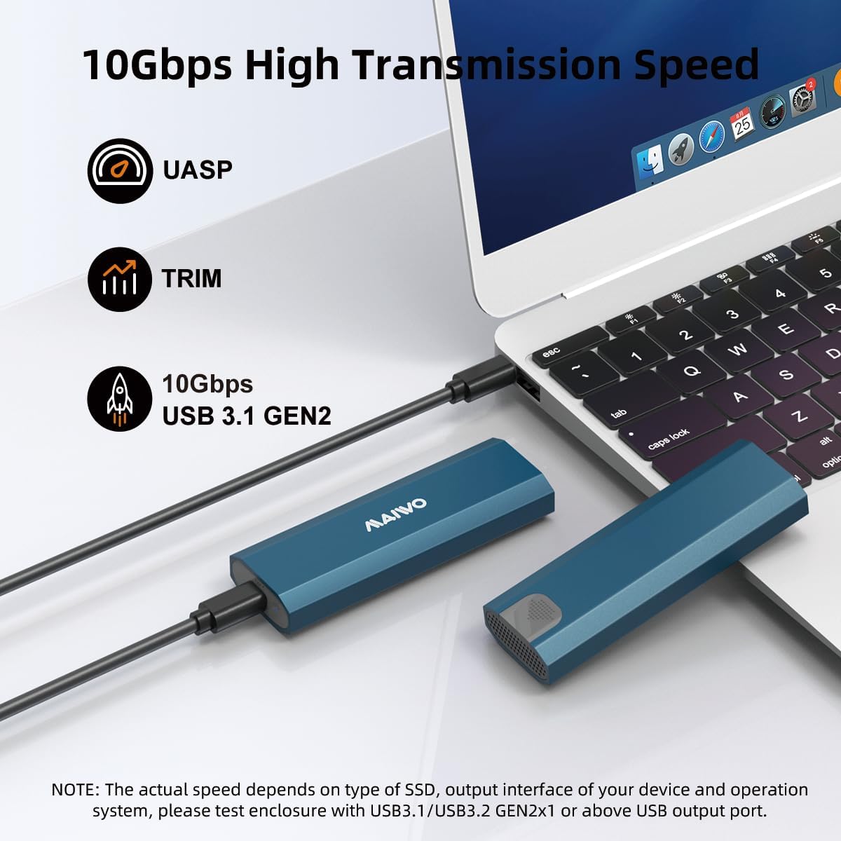 MAIWO M.2 SSD Enclosure connected to a laptop, showing 10Gbps high transmission speed