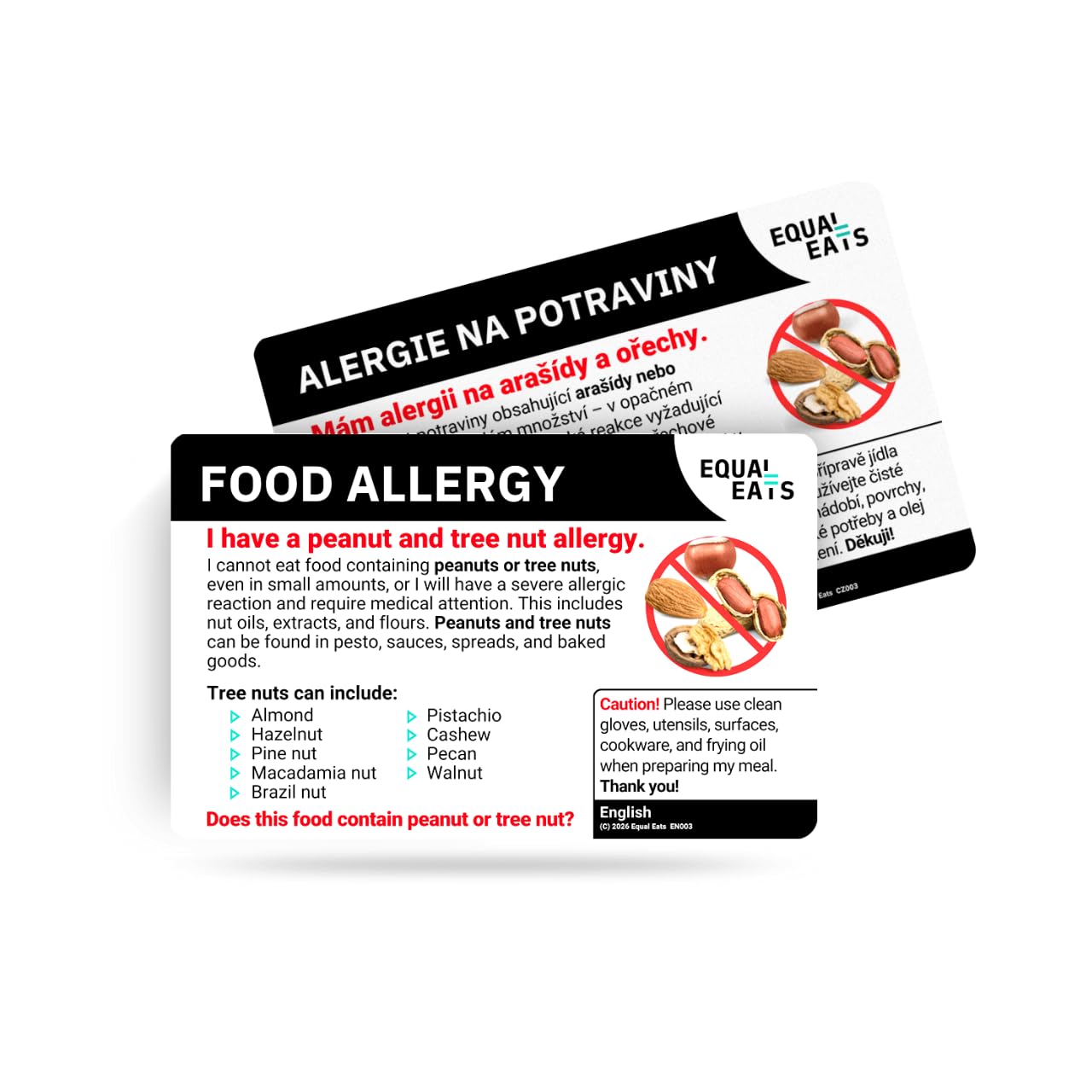 Equal Eats Peanut & Tree Nut Allergy Translation Card, Credit Card Size, PVC Material, English Language, Travel Dining Safety Card for Restaurants (Czech)