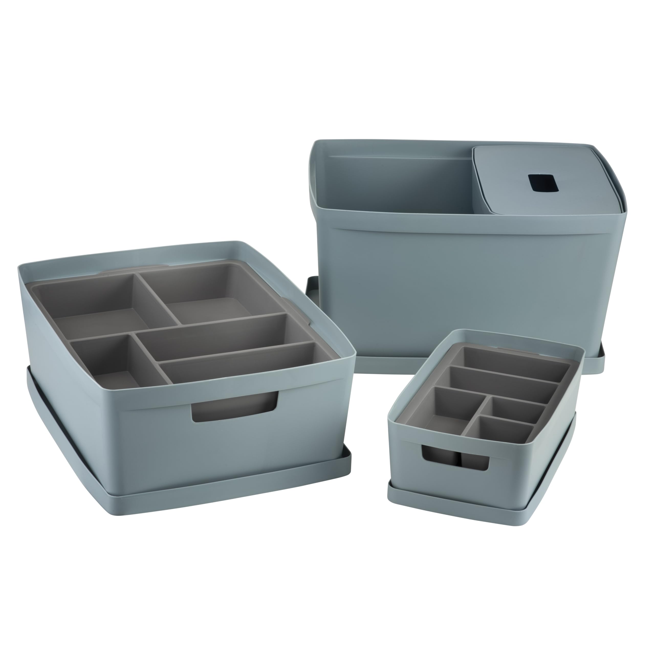 IDEA HOME Cajas de Almacenamiento con Tapa 8 Piezas - Cajas de Almacenaje de Plástico - Caja Organizadora para Baño Estantería con Tapa, 19L, Azul