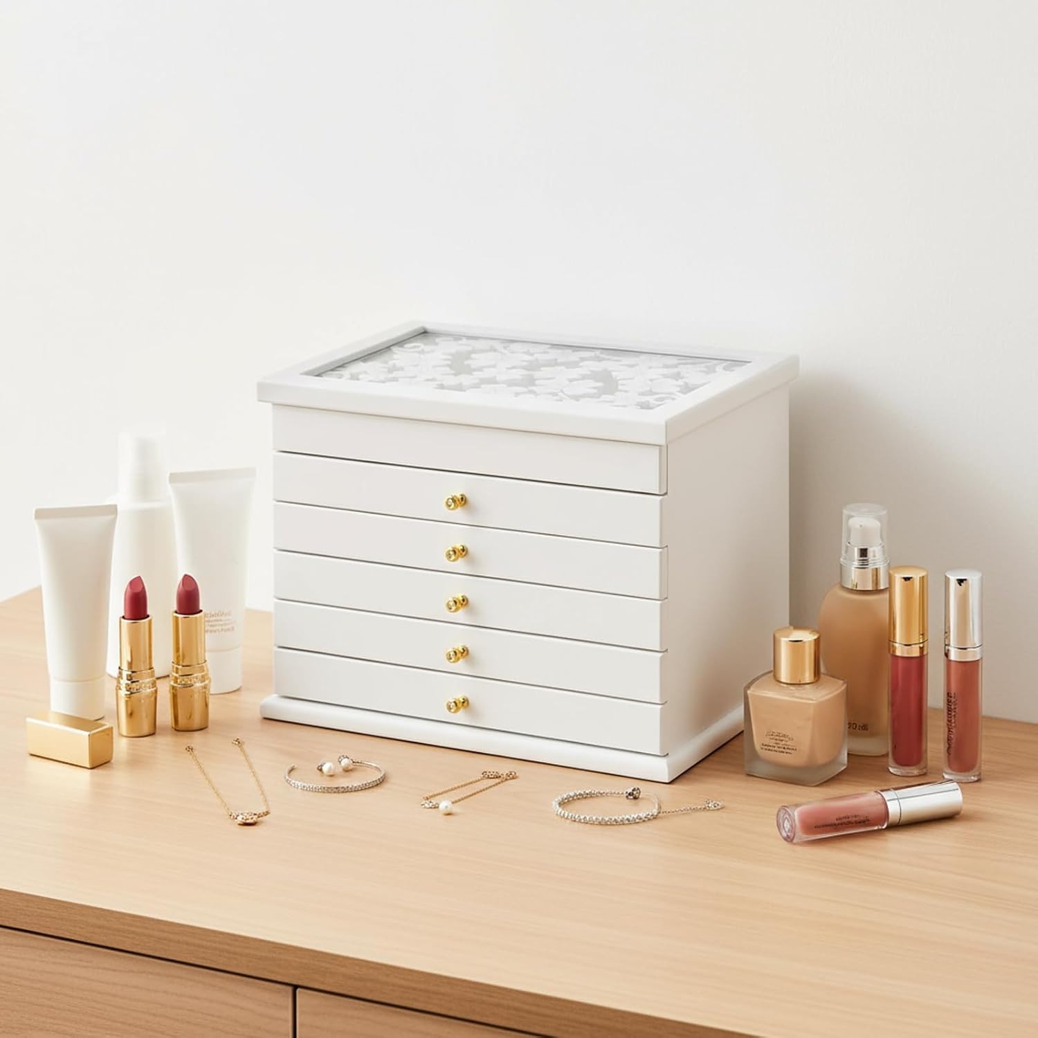 Large Jewelry Box Organizer, 6 Tier Jewelry Organizers and Storage 12.2x7.9x9.6 In Jewelrys Storage Case with 5 Drawers for Sunglasses Watches Hairpins Earrings Rings Bracelets
