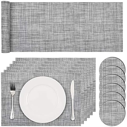 Pauwer PVC Table Placemats Set of 6 and Coasters with Non Slip Kitchen Table Runner Heat Resistant Washable Table Place Mats Set for Hotel Wedding Party(Grey) Cover