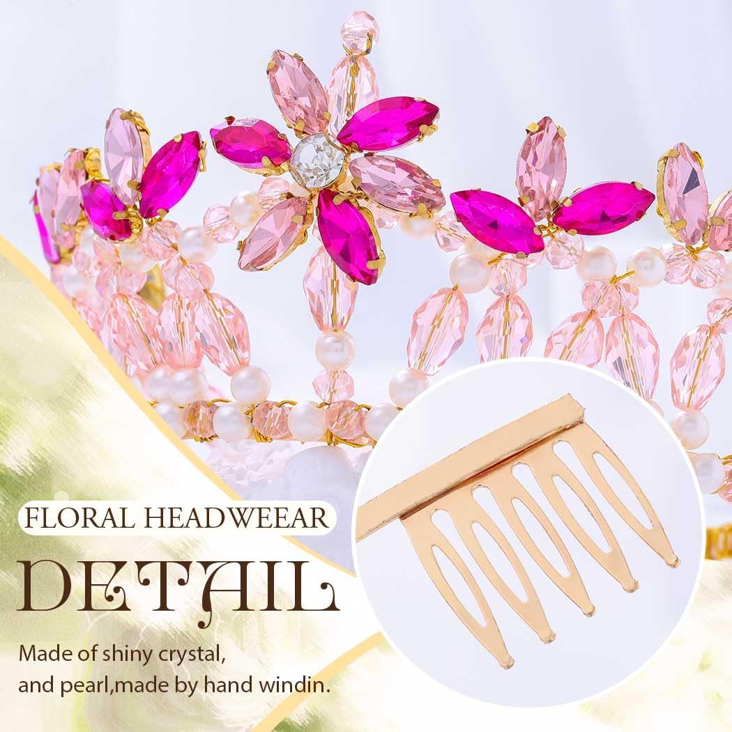 Campsis Wedding Crystal Headband Rhinestone Crown Tiaras Pearl Flower Bride Headpiece for Women and Girls - Image 6