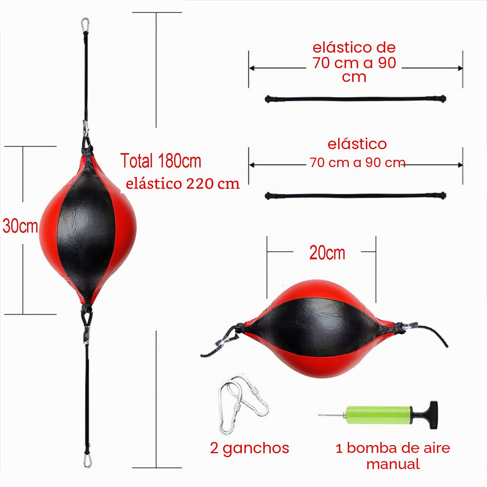 Pelota de boxeo de doble extremo, bola suspendida, saco de cuero con cuerdas y ganchos, bomba de aire para entrenamiento y agilidad