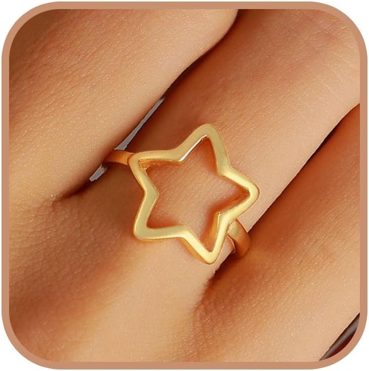 Hollow Star Open Ring for Women 925 Sterling Silver Punk Aesthetic Ring for Men Band Adjustable Stackable Knuckle Ring 14k Gold Plated Vintage Minimalist Friendship Promise Ring Graduation Wedding Jewelry Gifts