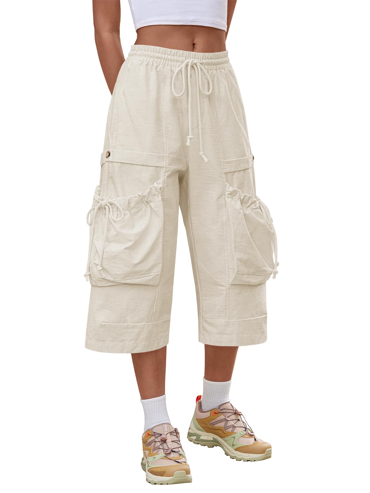 Aoysky Womens Wide Leg Cargo Capris Drawstring Elastic Waist Baggy Cropped Pants with Utility Pockets Casual Trousers
