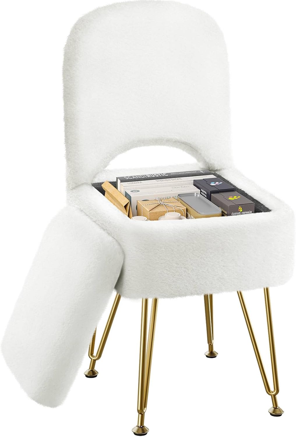 GREENSTELL Vanity Stool Chair with Storage and Folding Back, 13.4" x 15" x 30" Square Faux Fur Soft Ottoman, 4 Metal Legs with Anti-Slip Feet, Furry Padded Seat for Makeup, Bedroom, White