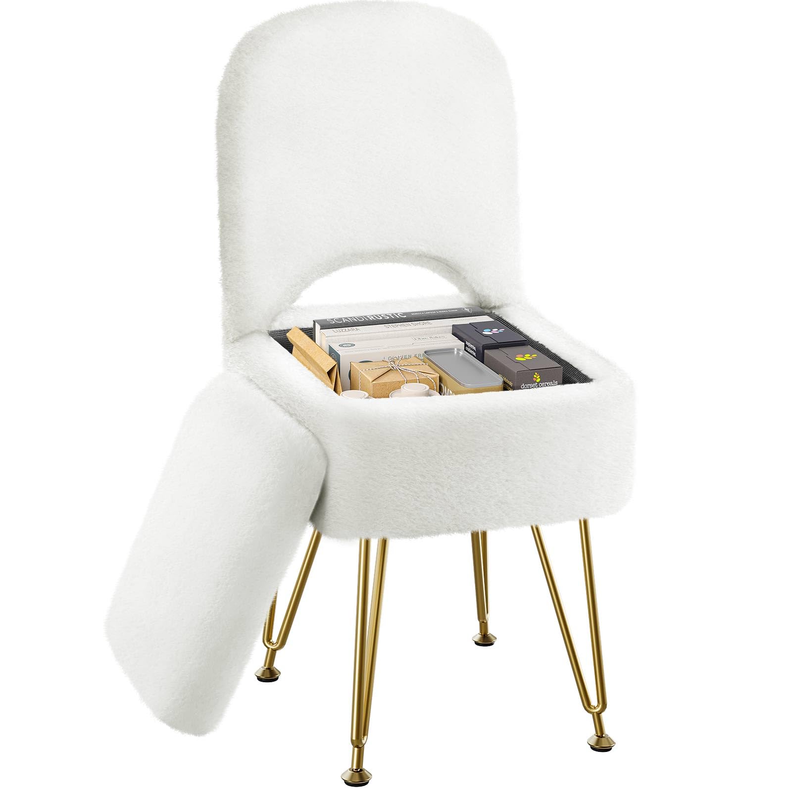 Greenstell Vanity Stool Chair with Storage and Folding Back, 13.4" L x15 W x 30.0" H Square Soft Ottoman, 4 Metal Legs with Anti-Slip Feet, Furry Padded Seat for Makeup, Bedroom, White