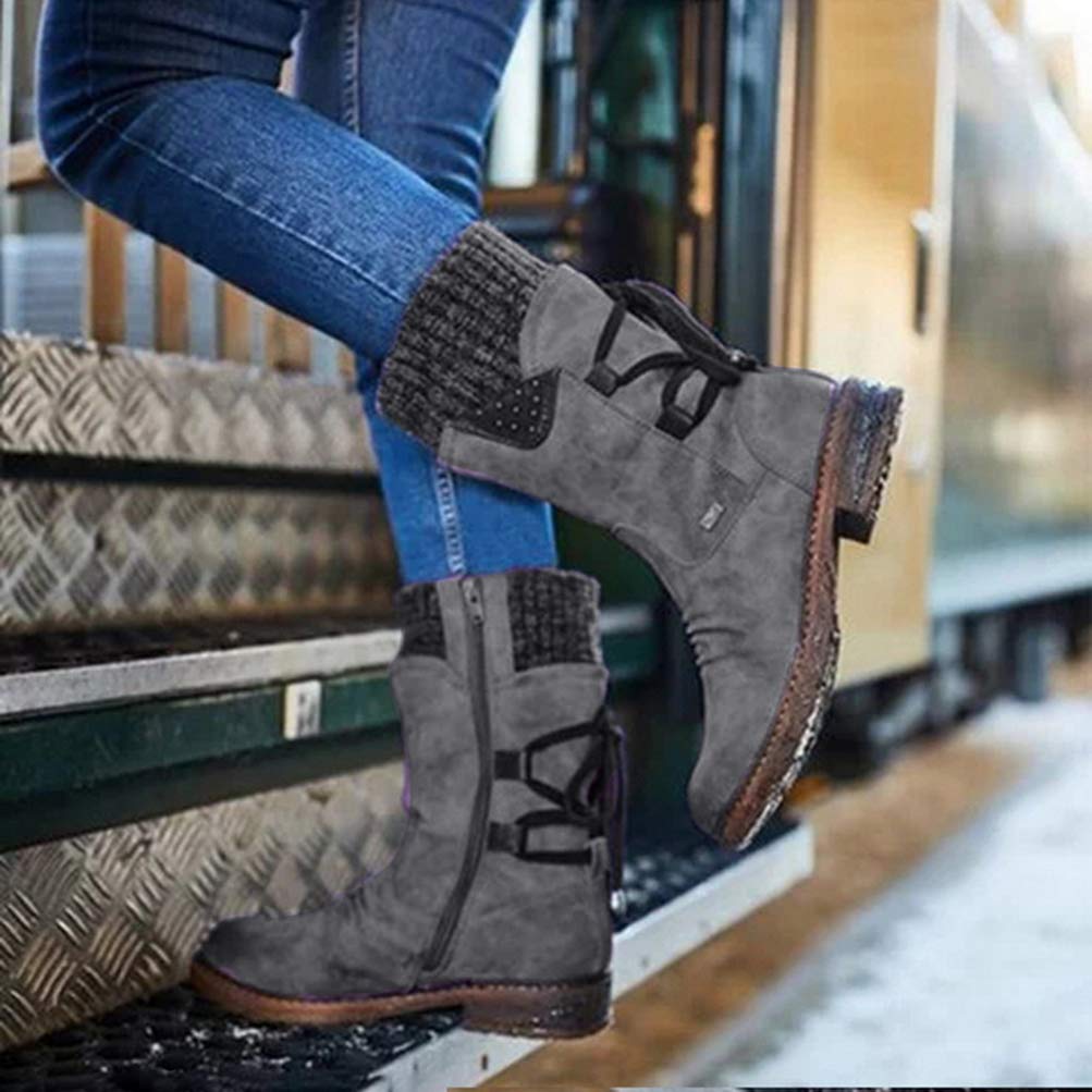 Toride Damen Biker Stiefel Mittlere Wade Niedriger Blockabsatz Seitlicher Reißverschluss Kurzer Plüsch Slip On Herbst Winter Warm Kreuz Gebunden Runde Kappe Schneeschuhe