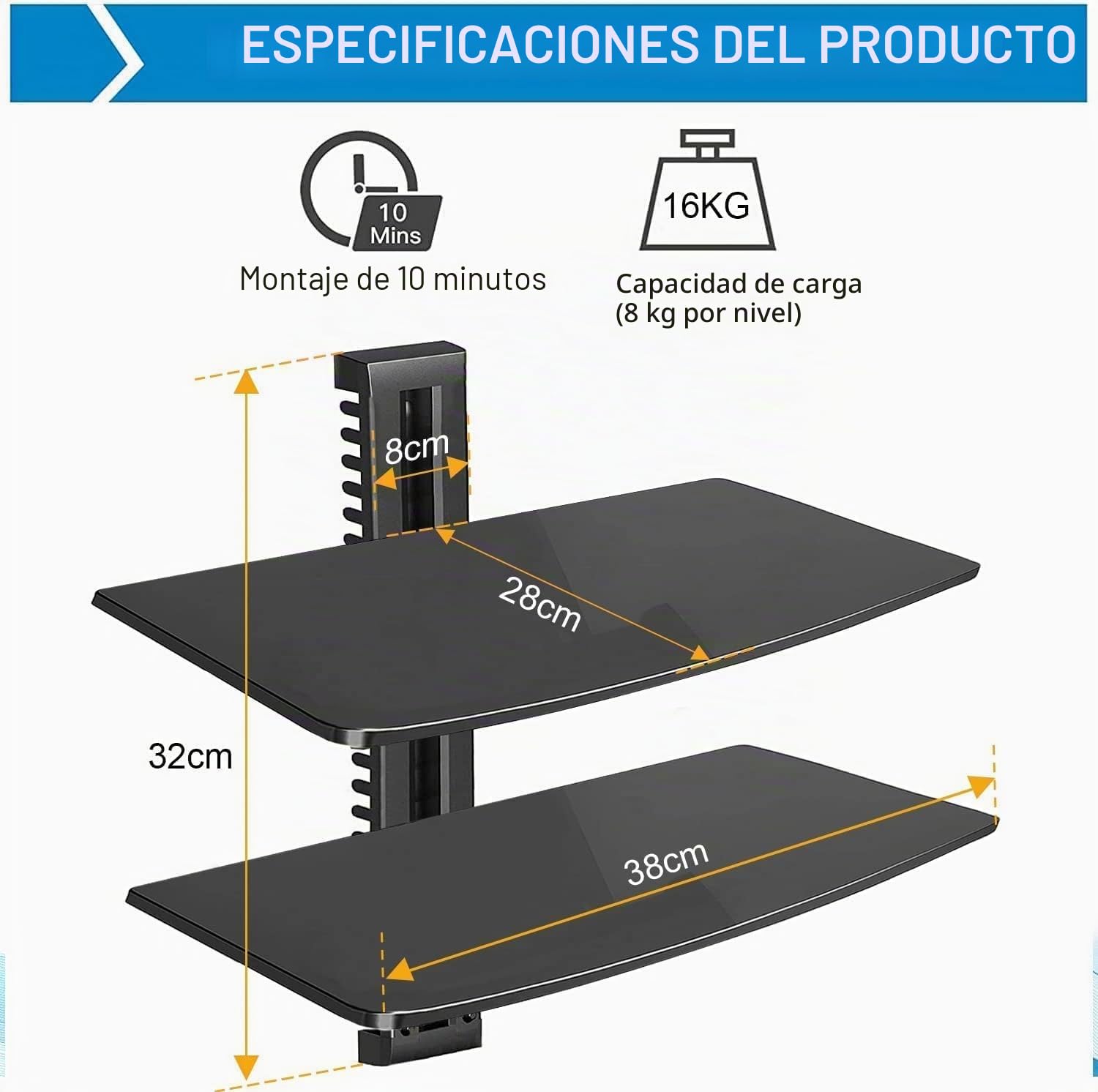 suptek Estantería Flotante de Pared de 2 Niveles: Soporte de Vidrio Templado para Reproductores DVD, Consolas de Juego y Accesorios AV, Carga 8kg/Estante, CS202