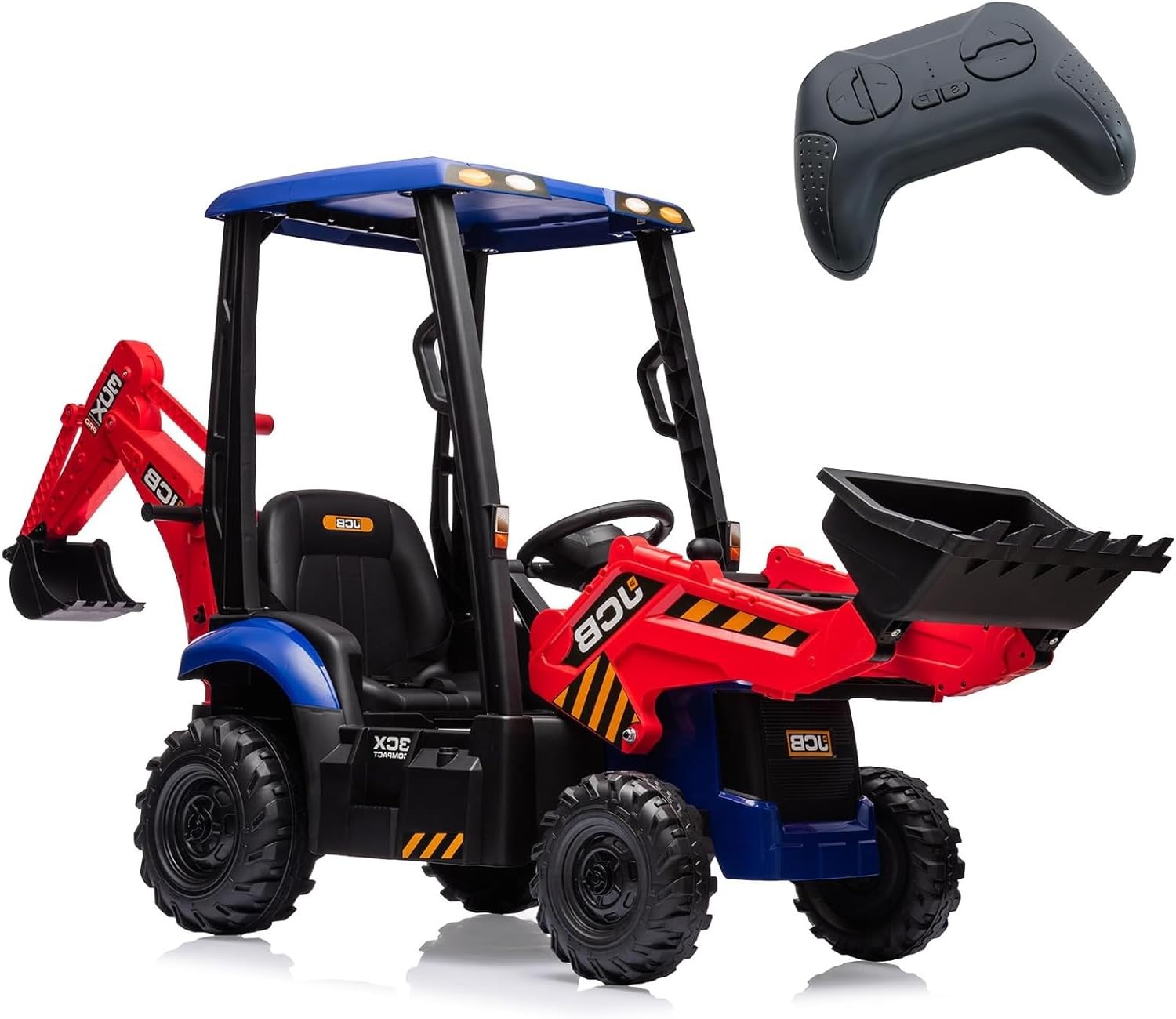 Tracteur électrique 4-en-1 pour Enfants 12V – Excavatrice, Bulldozer, Pelle Avant, klaxon – Télécommande 2,4G – Toit Amovible – Vitesse 2-4km/h – Véhicule pour 3 Ans+ – Rougeur et Bleu