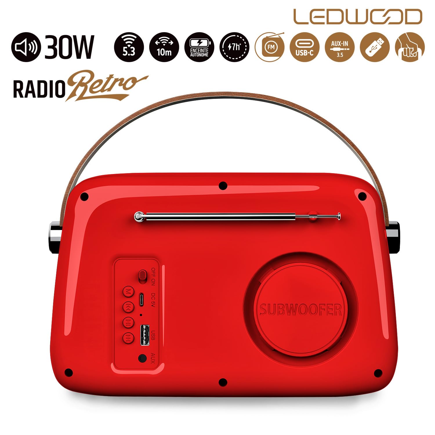 Radio Rétro Portable Ledwood Alma, FM, Bluetooth 5.3 Entrée USB, Puissance 30W - Batterie 3,7V-1500mAh - Retro Vintage - Rouge