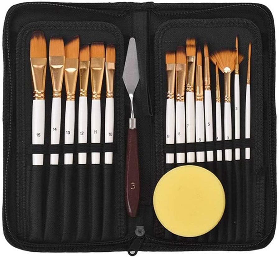 15 Pcs Paint Brush Set Oil Watercolor Gouache Painting Carrying Case Palette and Sponge Art Supplies Stationery(D)