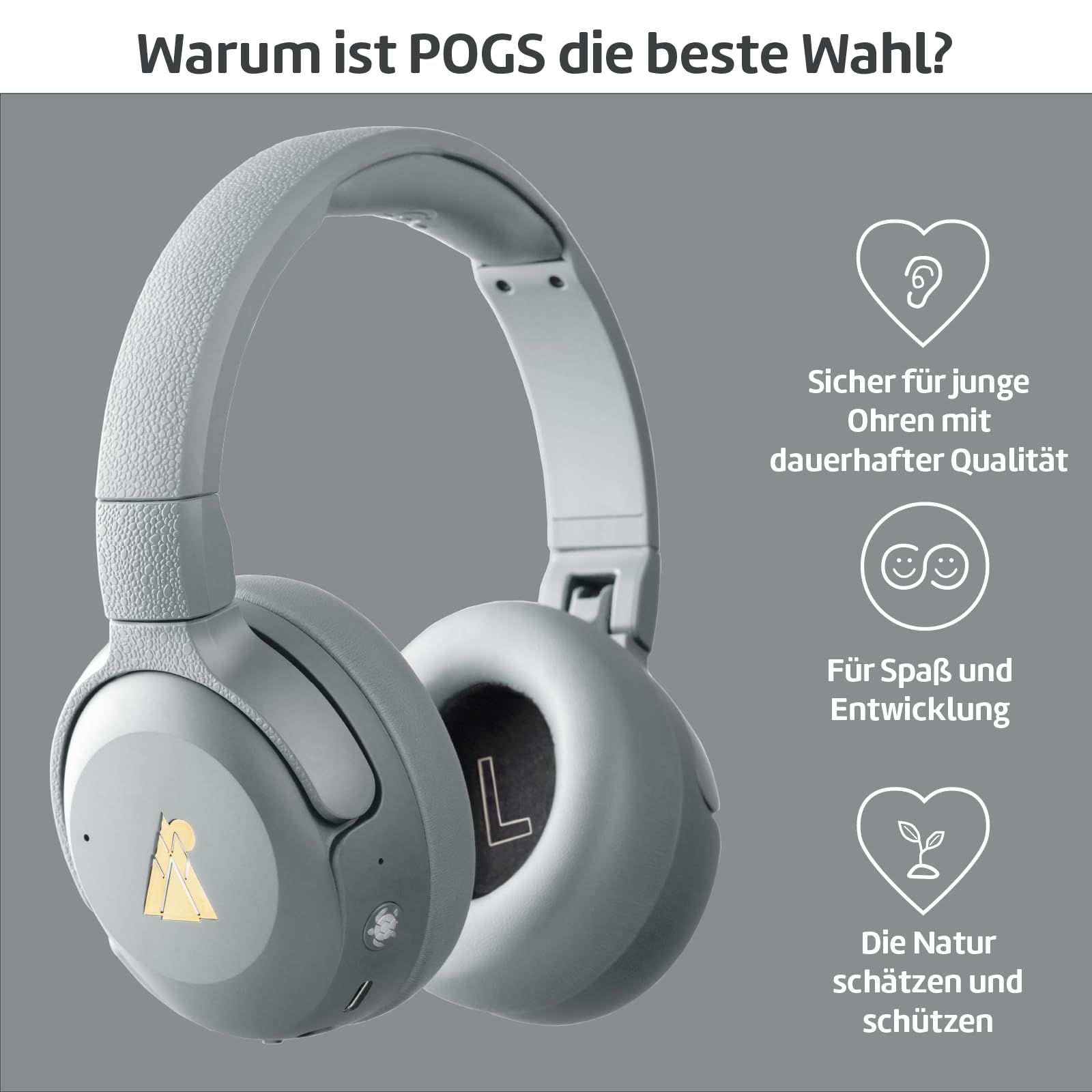 POGS Drahtloser Bluetooth Over-Ear Noise Cancelling-Kopfhörer | The Turtle | Faltbarer robuster Kopfhörer | Lautstärkebegrenzung 85 dB, Mikrofon | Kabellose Musik-Sharing-Funktion (rGrau)