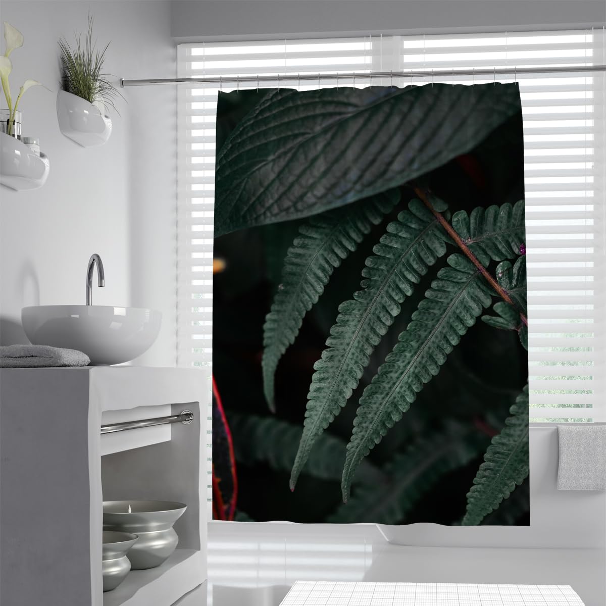 UIRINGART Moody Jungle Ferns Bath Curtain W200xL200cm Dark Green Rainforest Leaves Waterproof Machine Washable Bathtub Enclosure with Hooks