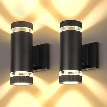 CANMEIJA Outdoor Wall Lights Up Down Outside Lights Mains Powered Ip65 Waterproof Round Black Outdoor Wall Lights 3000k Gu 10 Front Door Light Suitable for Indoors, Outdoors, Corridors, Gardens 2 PCS [Energy Class F]