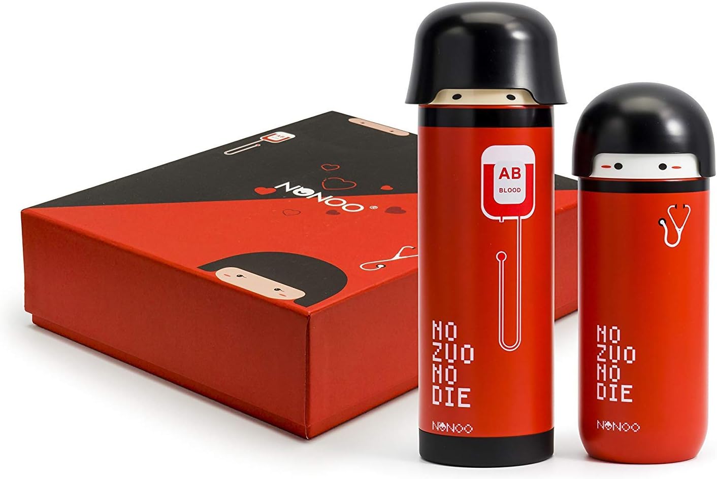 NONOO Thermos Flask Gift Box, 2 Doll-like Vacuum Insulated Leak-proof No-sweating Water Bottles, Double Wall, 13oz + 7oz