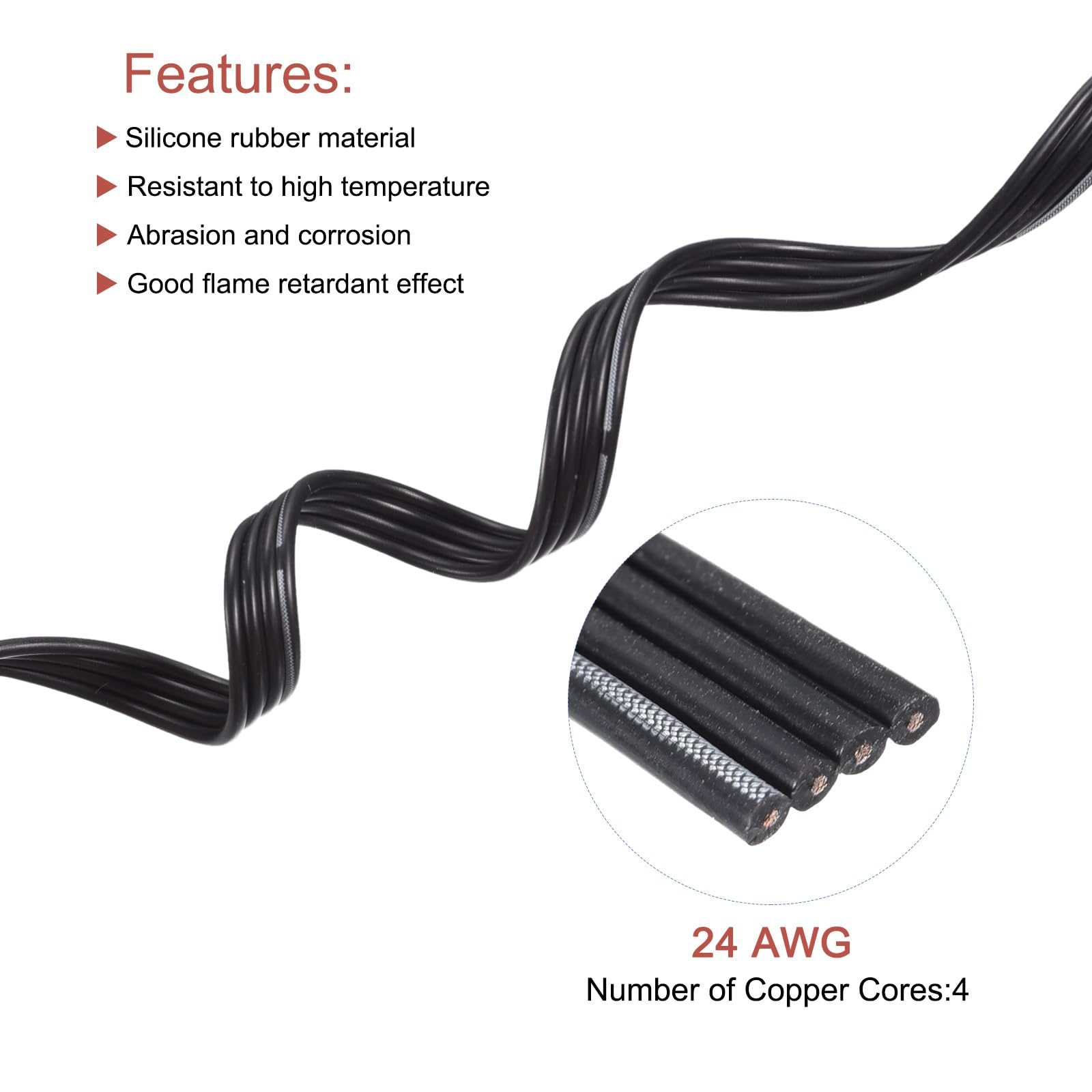 sourcing map Cable de cinta de silicona de 24 AWG, calibre 24, cable plano de silicona de 30 m, alambre de cobre estañado trenzado negro