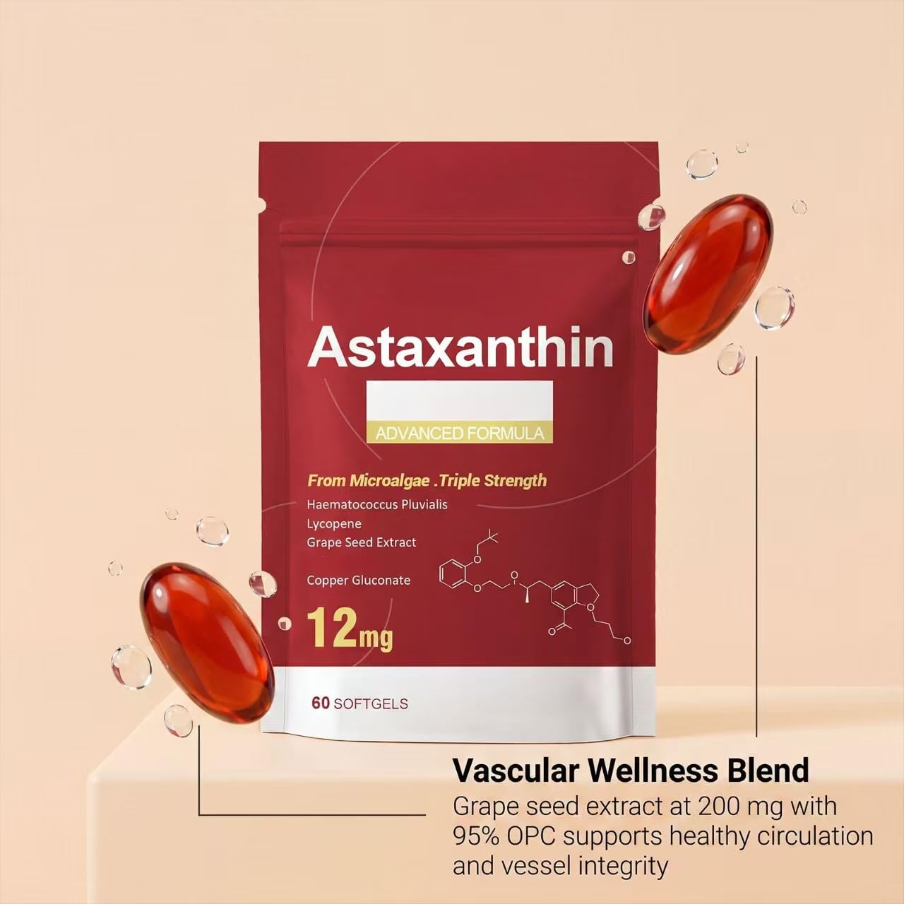 Astaksantyna 12mg – źródło świeżych mikroalg dla antyoksydantów, 60 szt