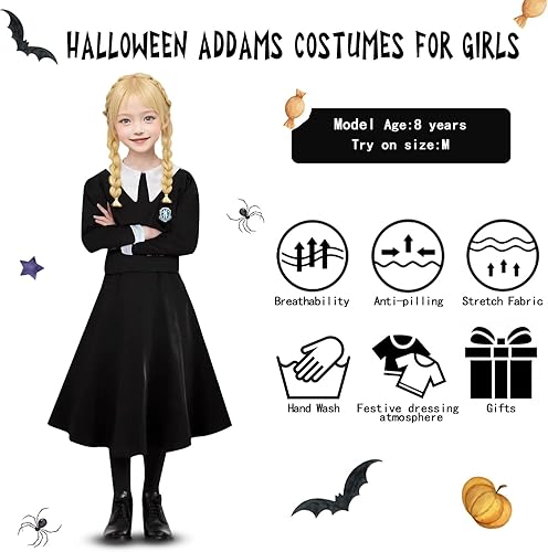 Miniatura 6 de Digi Halloween Wednesday Addams Costume Girls Dress,Halloween Birthday Cosplay Costumes for Kids 4-12 Years