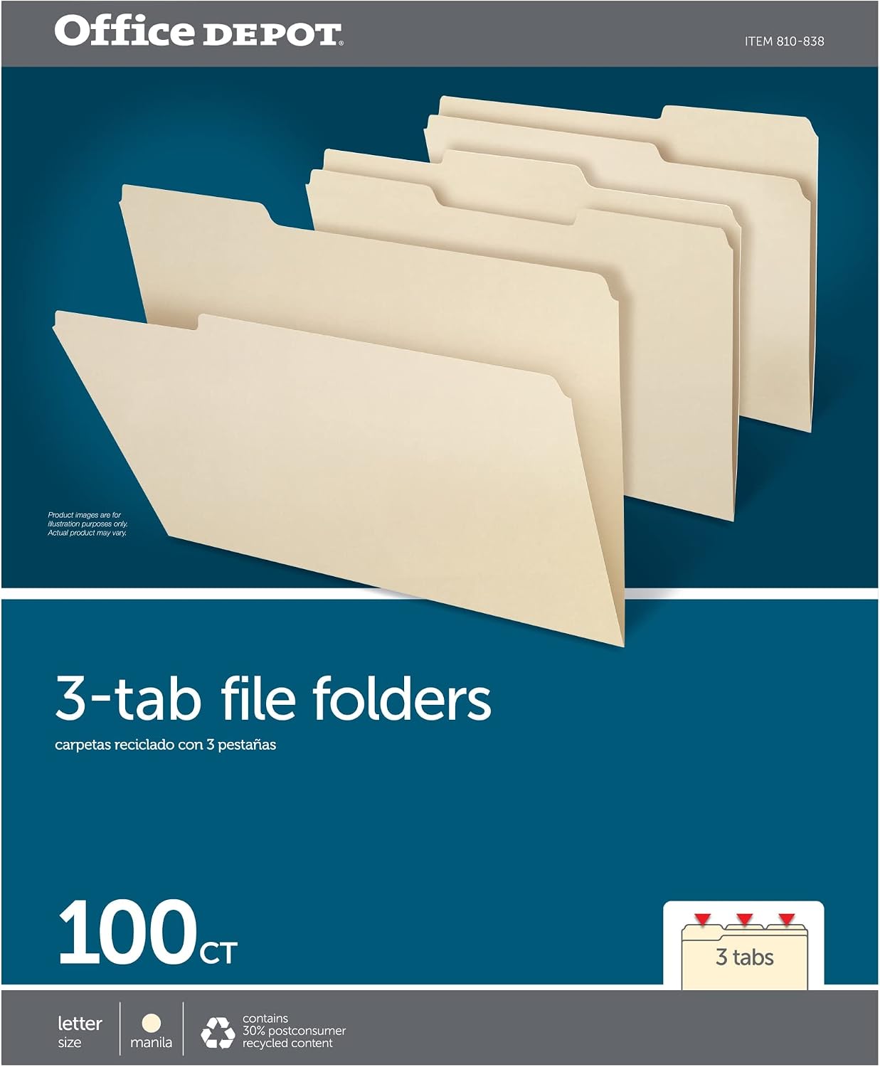 Office Depot File Folders, 1/3 Cut, Letter Size, 30% Recycled, Manila, Pack of 100, 810838
