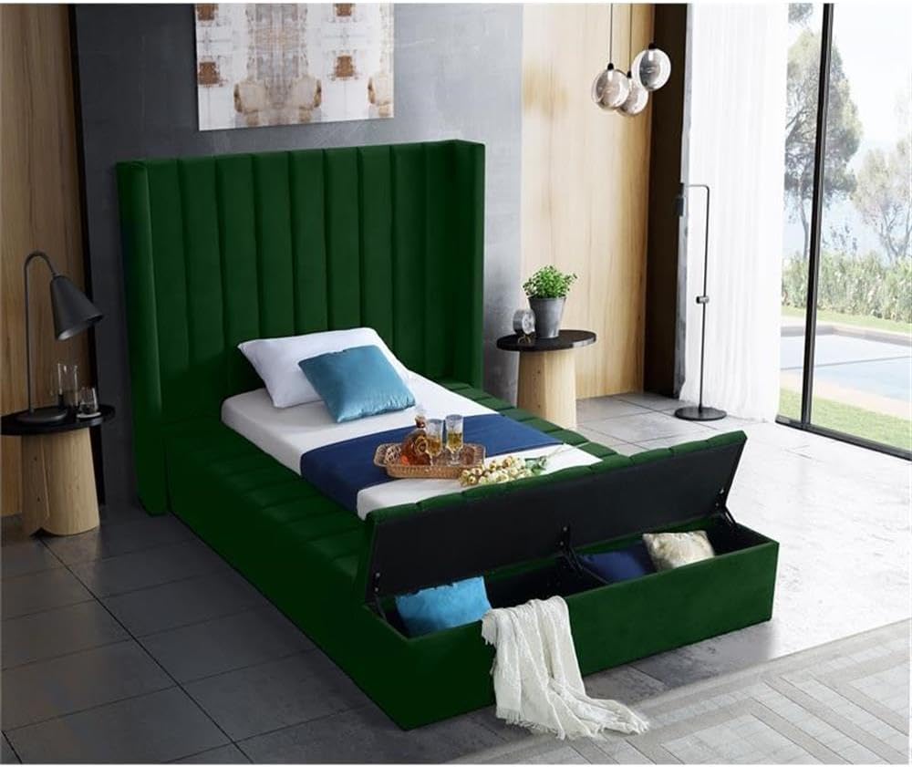 Meridian Furniture Kiki Collection Modern | Contemporary Velvet Upholsterd Bed with Channel Tufting, Siderails and Footboard Storage Compartments, Twin, Green