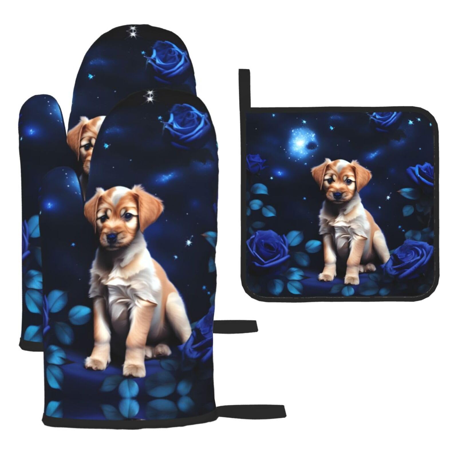 Puppy Blue Rose Oven mittens and oven mitts three-piece set suitable for oven, grilling, baking, microwave and home cooking.