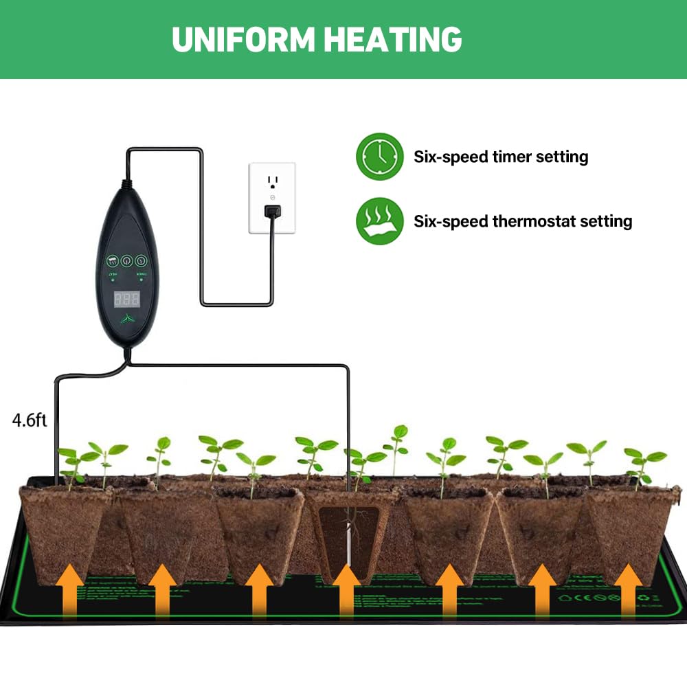 Estera calefactora para Plantas, Alfombrilla de Calor para Plantas con Controlador de termostato,de Plantas y Reptiles para Jardín Hidropónico Cultivo Manta Térmica de Semilla Negro 20x 10 inch