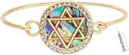 Pulsera de cristal abierta con alambre de concha de abulón de estrella de David con encanto judío