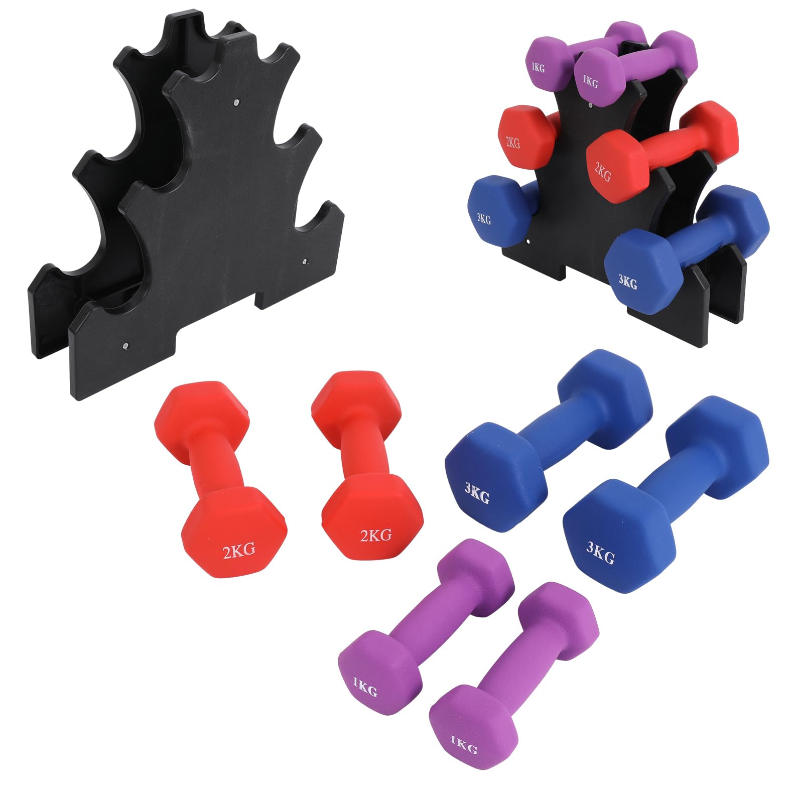 Dumbbell Weights Set 3-Pair 1, 2, 3kg Hexagonal Shape, Neoprane Non-Slip Grip, PVC Rack Storage, Workout Fitness Training Exercise for Home Gym, Men & Women 12kg Full Set