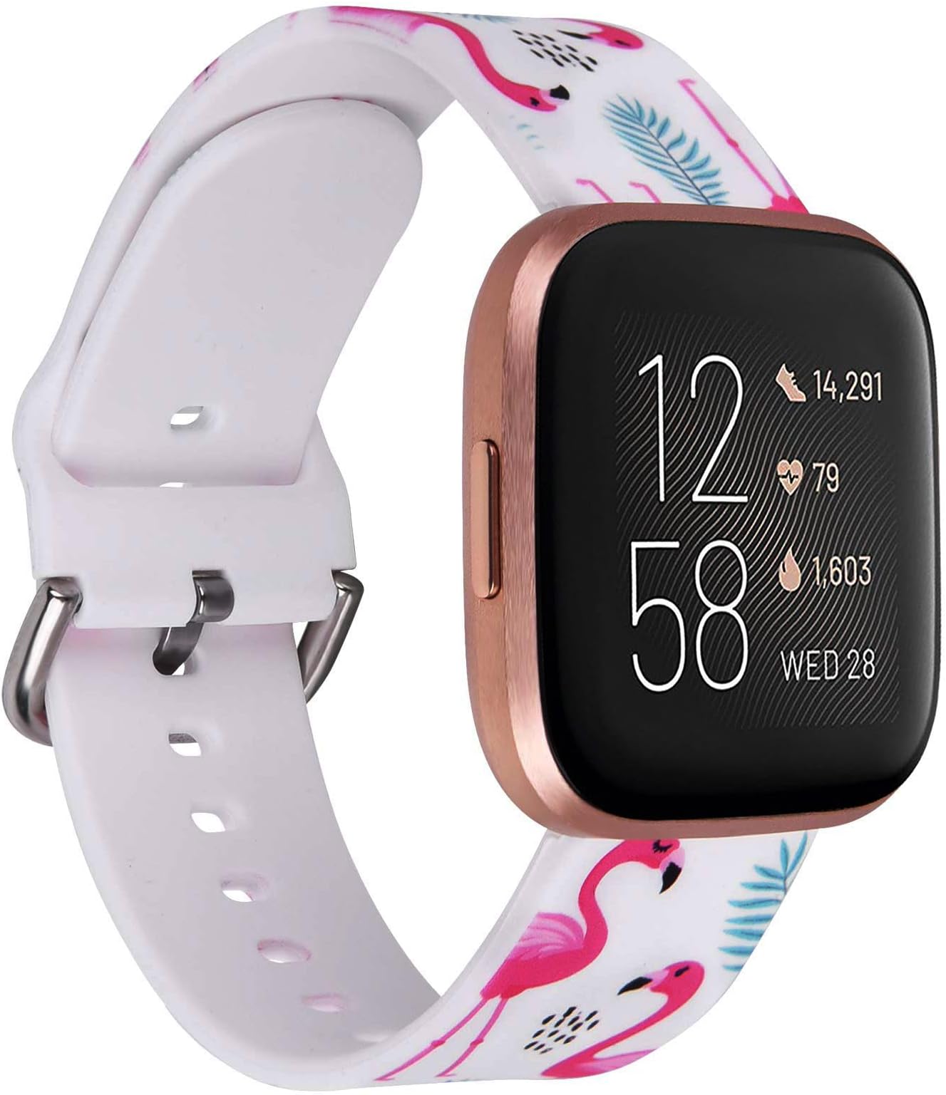 QINGQING Compatible with Fitbit Versa & Versa 2 & Versa Lite Bands, Silicone Fadeless Pattern Printed Replacement Wristband Floral Strap for Fitbit Versa SE Smartwatch Women Men (Flamingo)