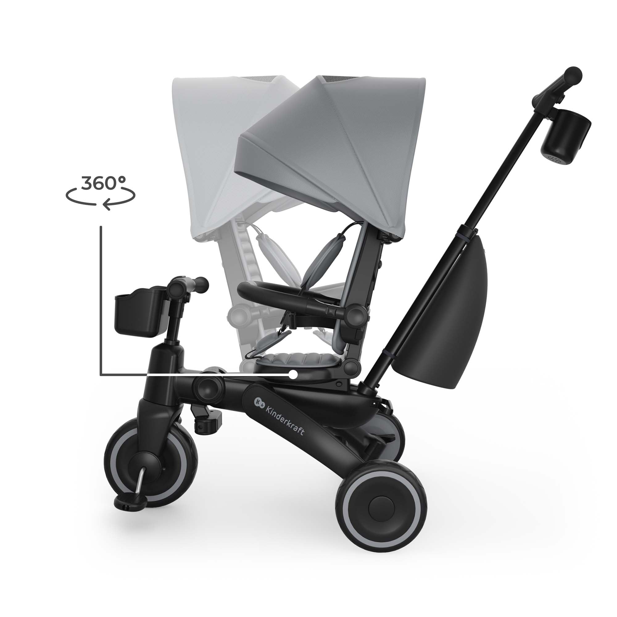 Kinderkraft Jazz 3 Dreirad faltbar ab ca. 9 Monaten bis 25 kg, 360° drehbarer Sitz, Halbliegeposition vorwärts/rückwärts, UPF 50+ Verdeck wasserabweisend, Freilauf & Lenkermodus, Grau