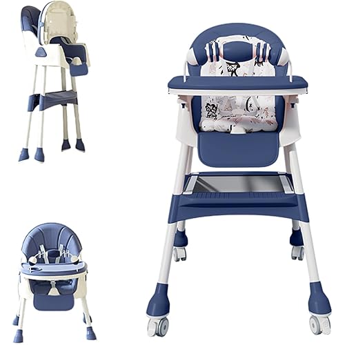 4-in-1 Baby High Chair for Babies & Toddlers, Foldable High Chair with Detachable PU Cushion, Removable Tray, Adjustable Height, Locking Wheels,Blue