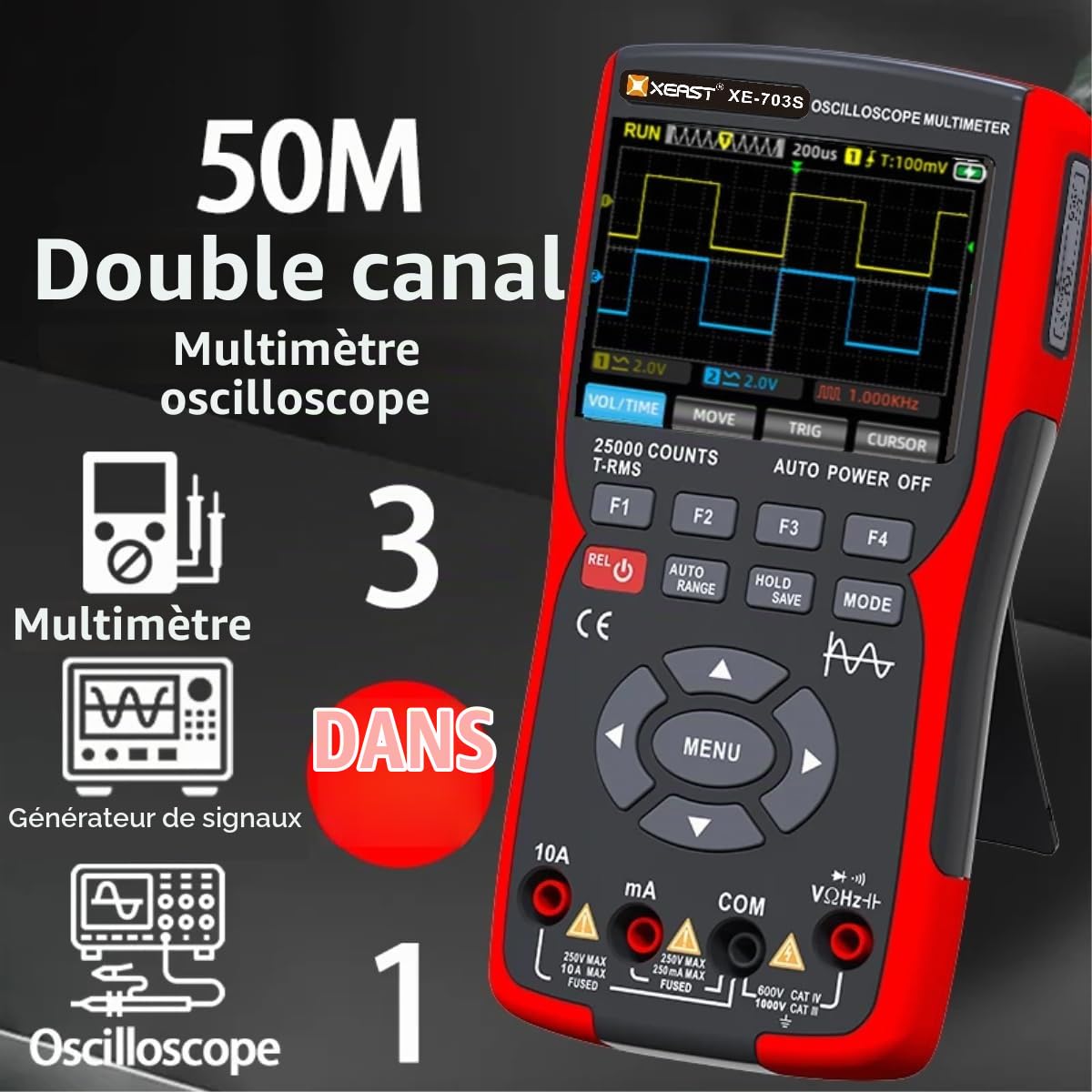 Oscilloscope 2 Canal Bande Passante 50 MHz, Multimètre Numérique 25 000 Points, Générateur de Signaux DDS, écran LCD 3,5 Pouces, Oscilloscope Multimètre à échantillonnage élevé 280 MSa/s