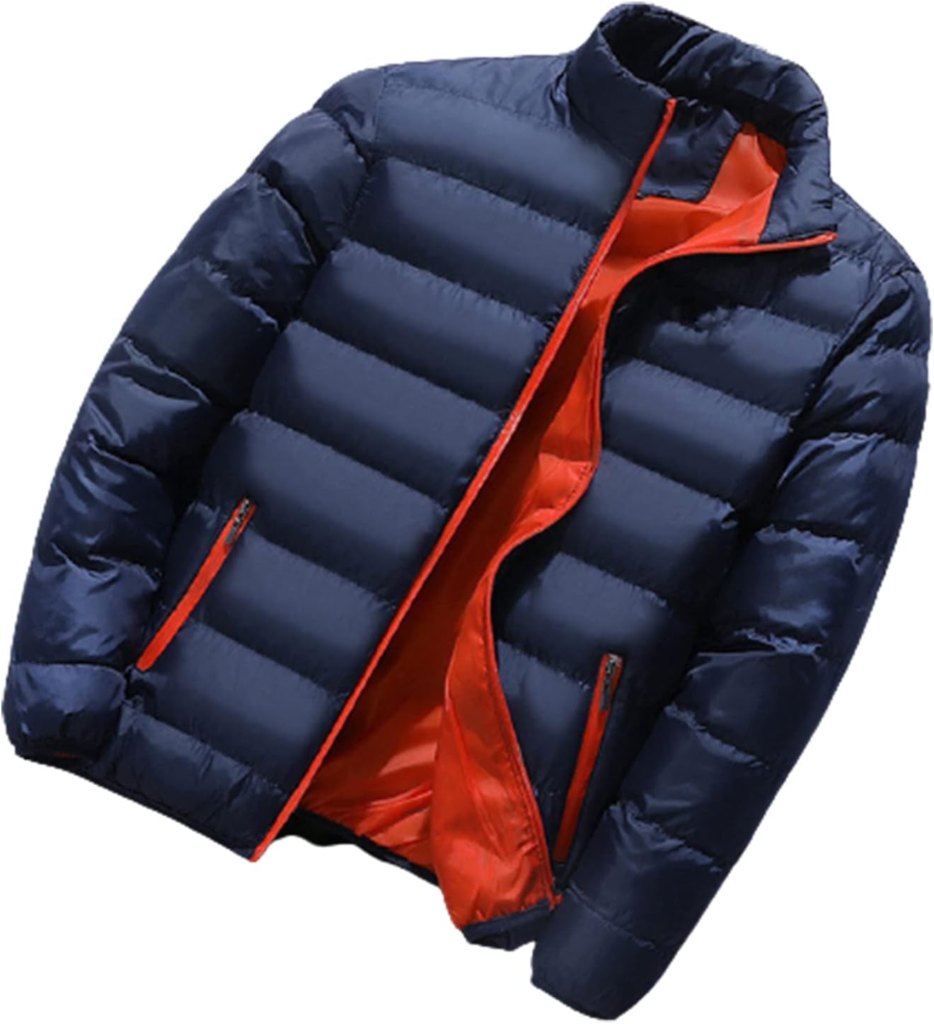 HB1 Winter Men's Down Jacket Outdoor Zipper Sport Cotton Coat Slim Jacket Warm Windproof Short Stand-up Collar Jacket,Navy,2XL(80kg)