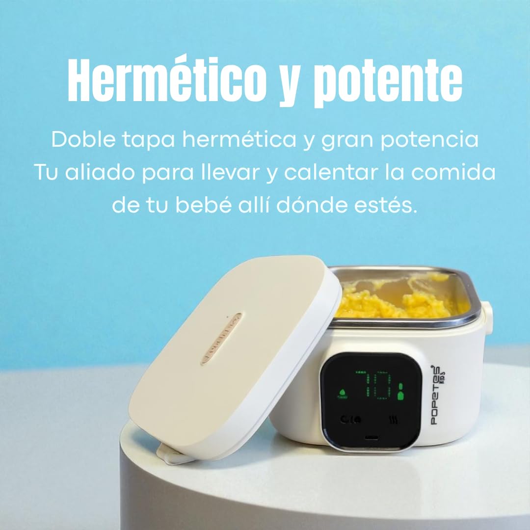 Calentador de comida portátil LUNCH BOX© para bebé | Inalámbrico, USB, recipiente acero inoxidable hermético | Transporta y calienta purés y potitos