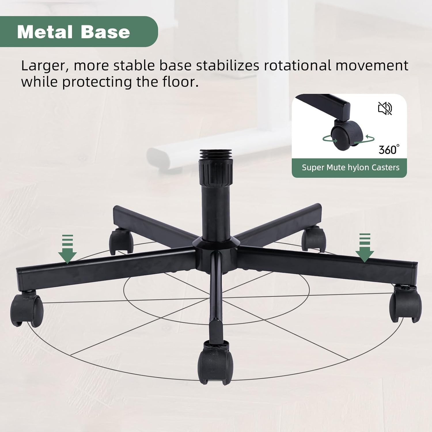 Close-up of the chair's metal base with five caster wheels, illustrating its stability and smooth movement.