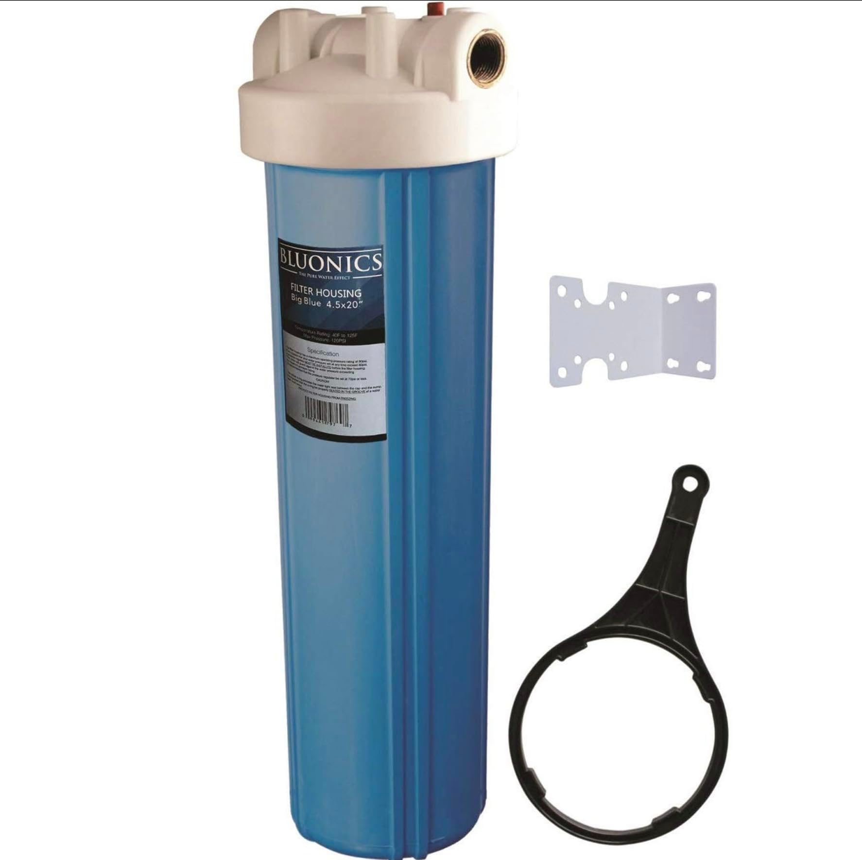 Bluonics 4.5 x 20-inch Whole House Water Filter with 1" US NPT Brass Ports for Standard Size 4.5 x 20 Cartridge - Complete with Wrench, Bracket and Screws