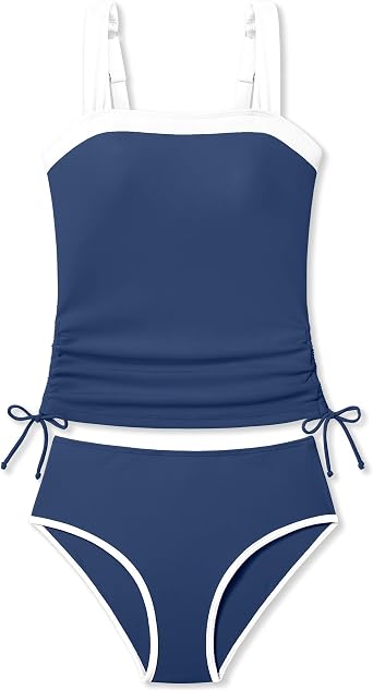 Girls Tankini Swimsuit 2 Piece Bathing Suit Color Block Strap Drawstring Girls Swimwear for Beach Pool